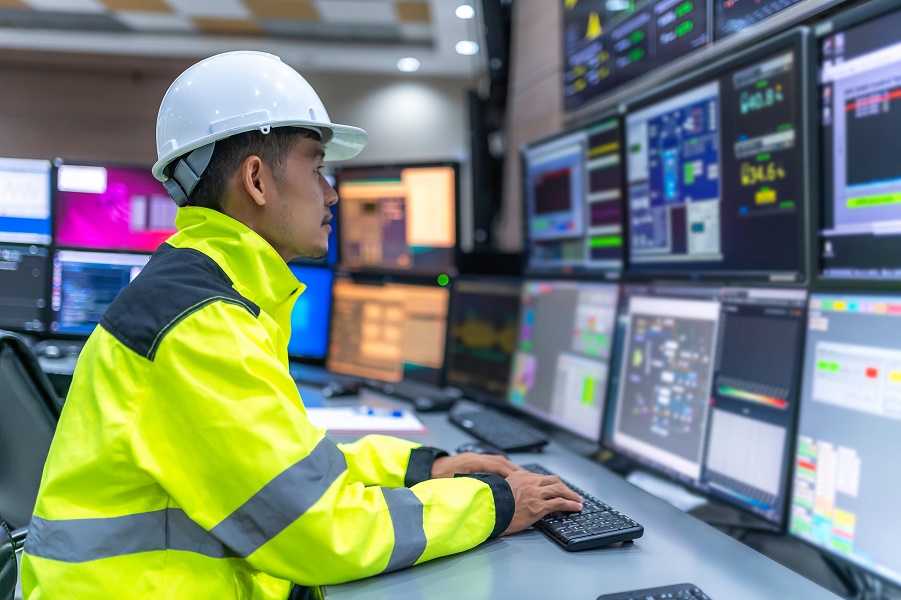 Ein Arbeiter sitzt vor dem Monitor und beobachtet eine Dynamik der Energynetze auf dem Bildschirm.