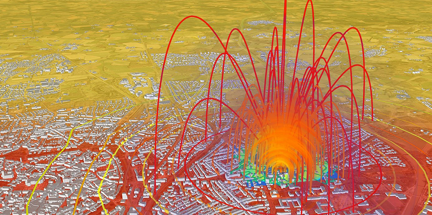 Simulation von möglichen Splitterflugkurven im 3D-Stadtmodell.