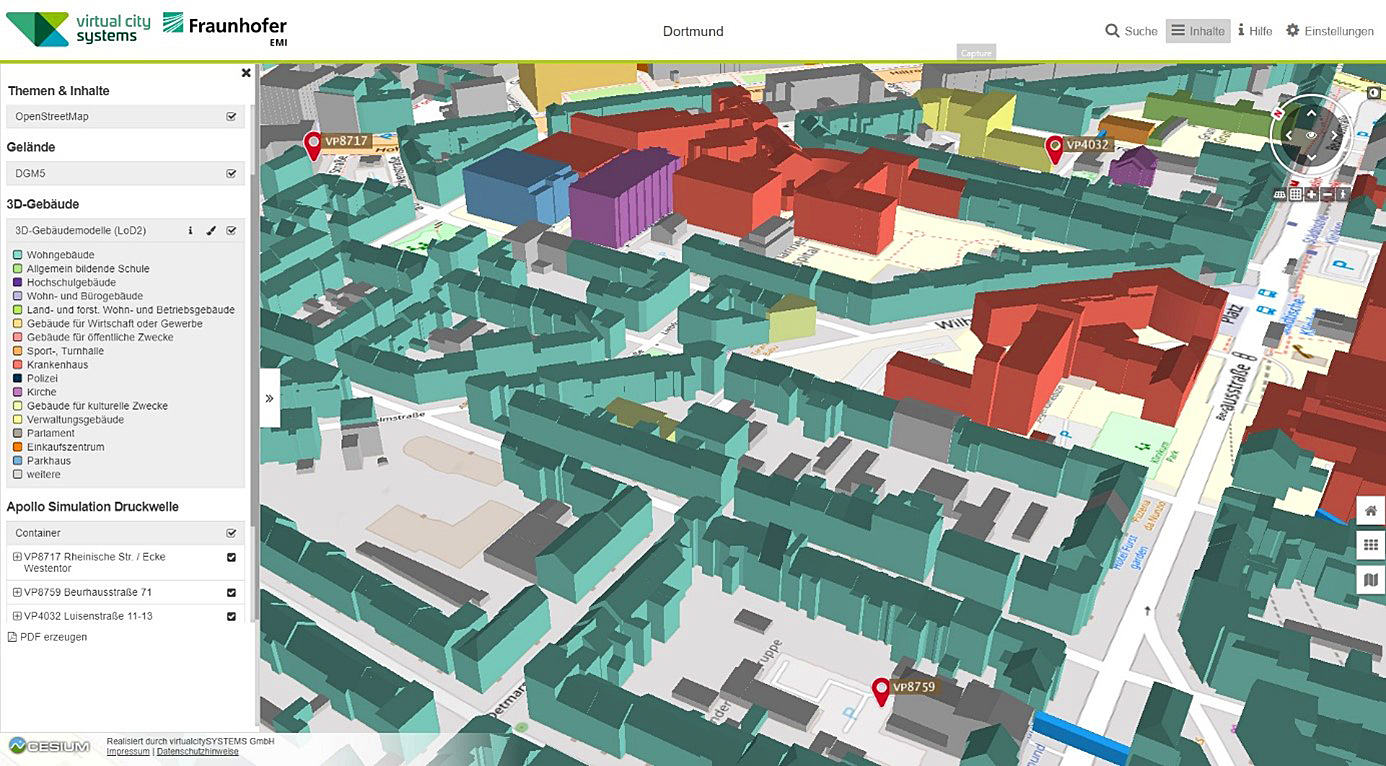 Darstellung der Verdachtspunkte im 3D-Stadtmodell von Dortmund. Die betroffenen Krankenhauseinrichtungen im direkten Umfeld sind rot hervorgehoben.