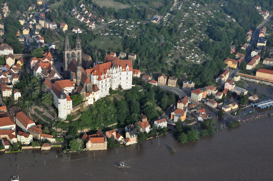 Überschwemmte Altstadt von Meißen von Oben