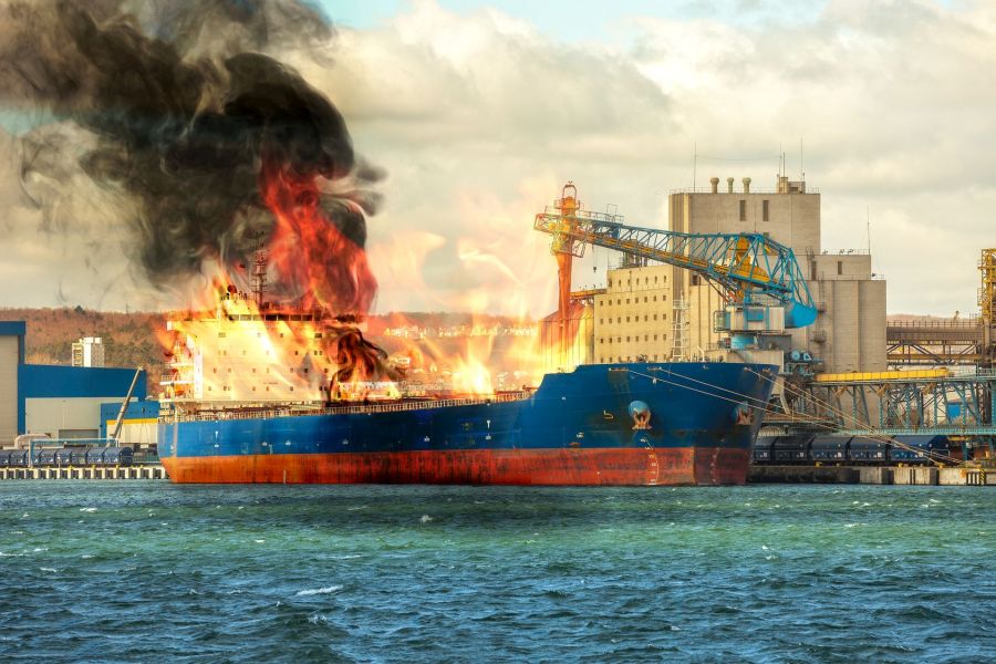 Feuer an Bord eines Containerschiffes im Hafen (Beispielhafte Darstellung)